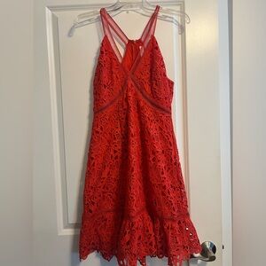 ASTR the Label lattice inset lace romantic cocktail mini red orange dress